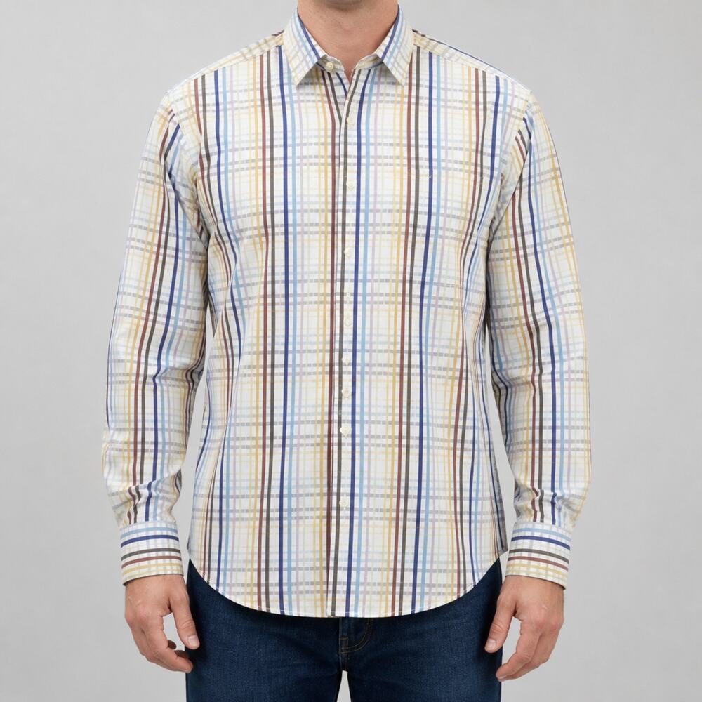Robert Talbott Shirt Mens Large White Brown Blue Plaid 100% Cotton Button-Up